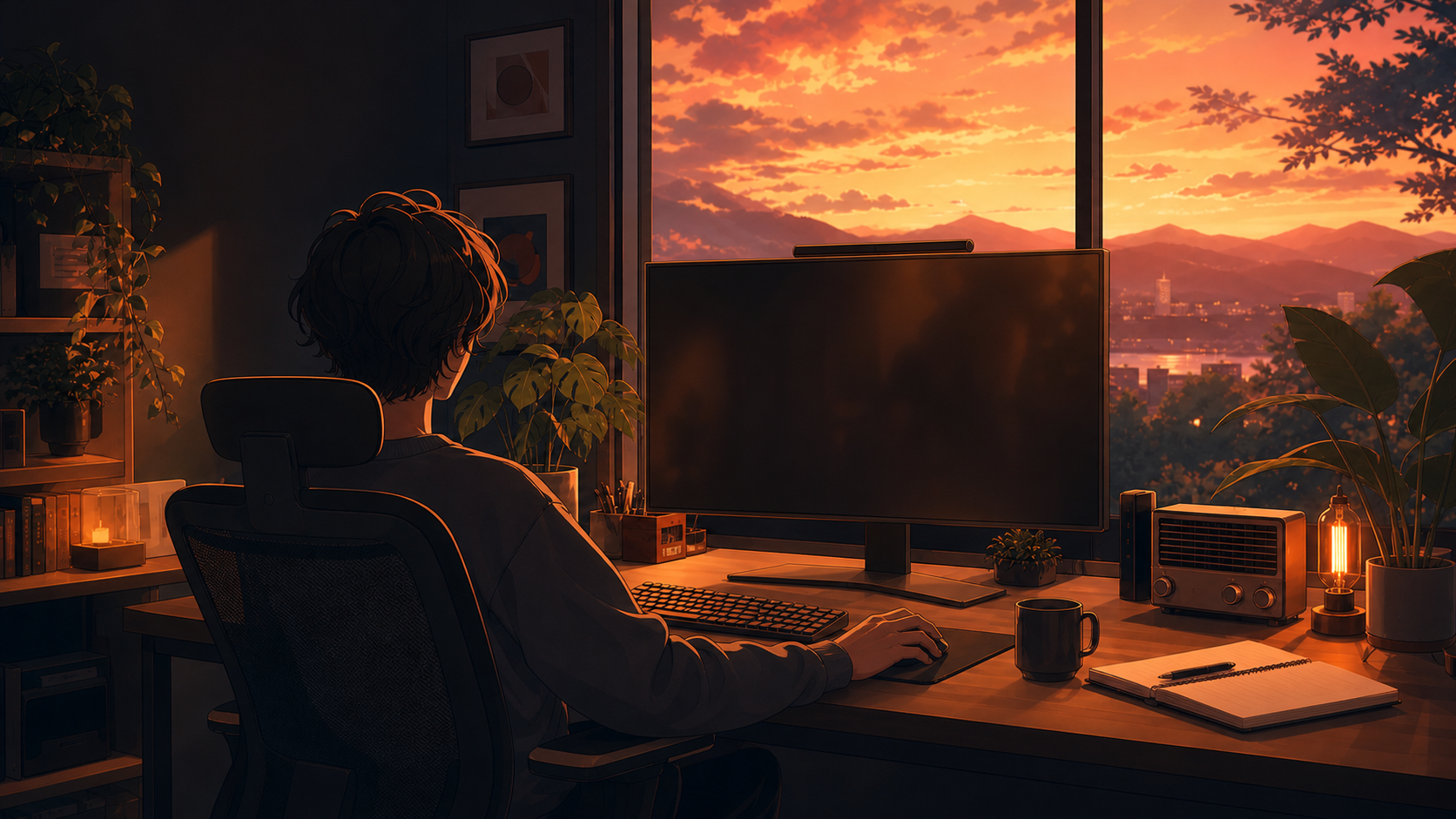 夕暮れの作業部屋でワークルーム集中モードを開いている画面
