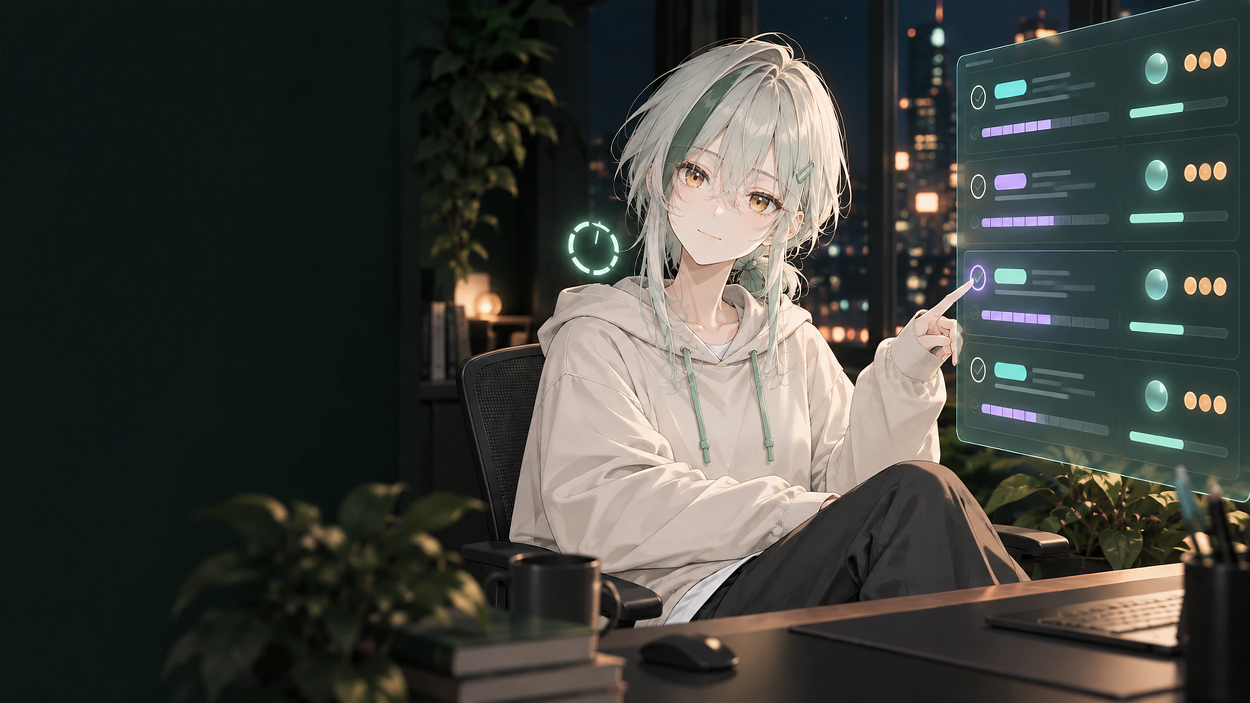 Kado が、タスクごとの AI の作業時間とトークン・料金が並ぶホログラムの表を指さしているイラスト。