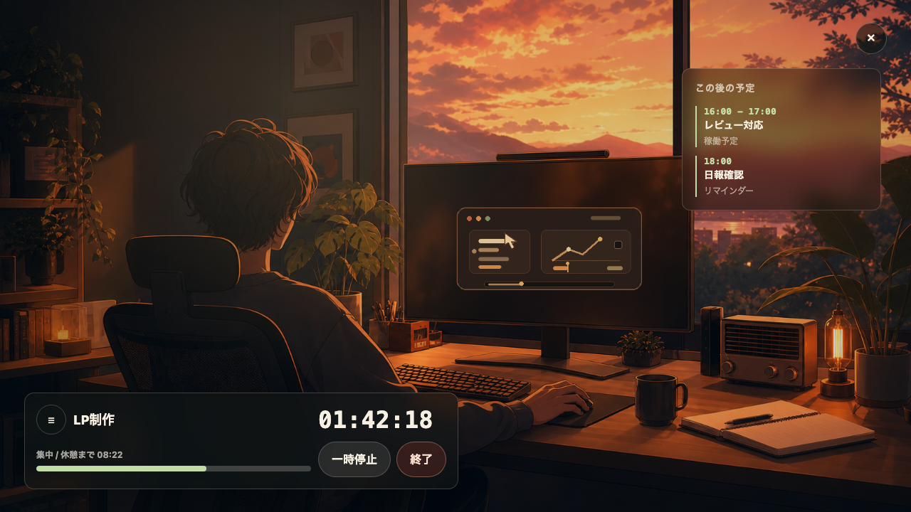ワークルームで作業部屋の背景、ディスプレイ内アニメーション、予定パネル、タイマーカードを表示している実画面