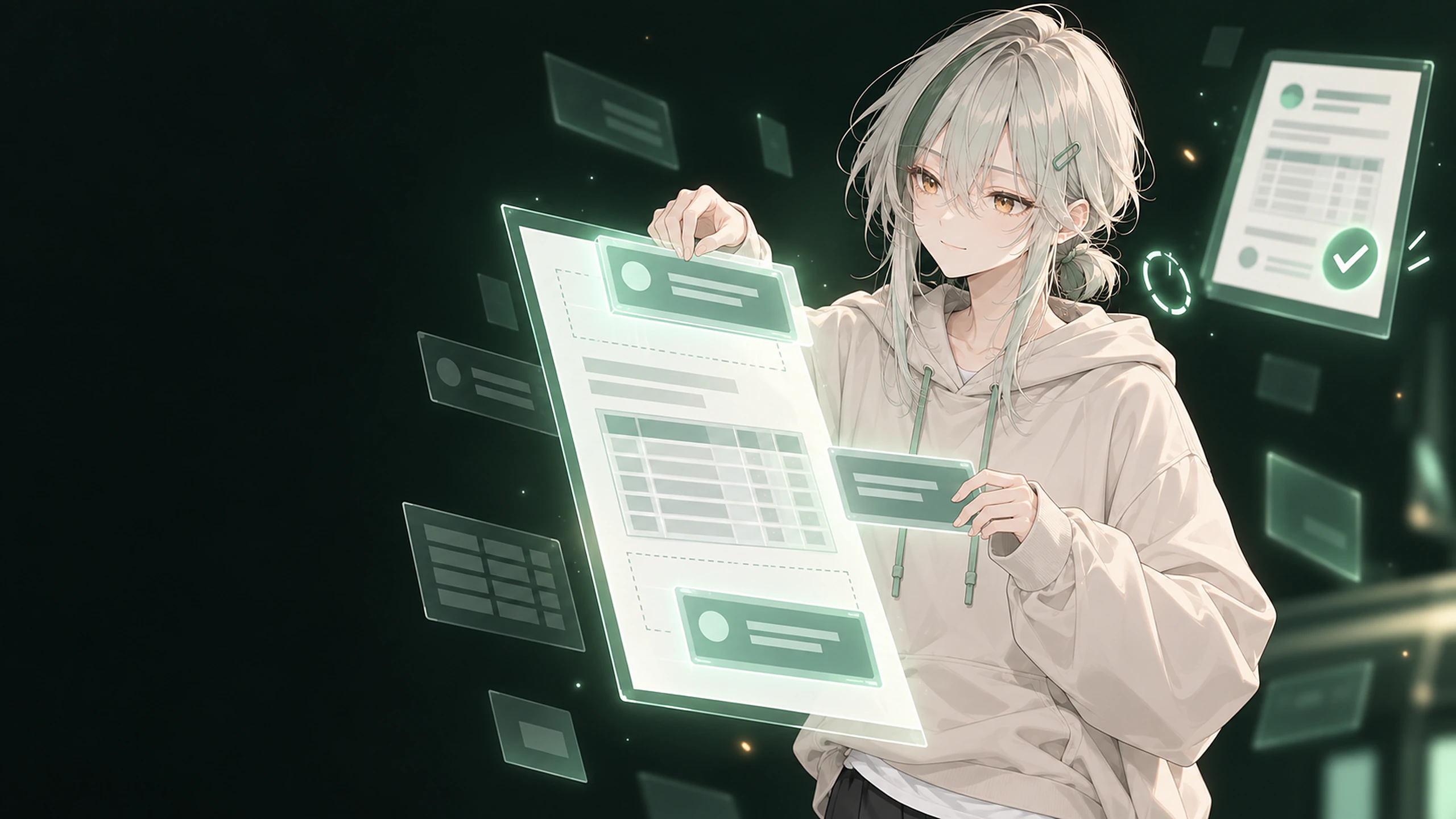 Kado が、稼働表のレイアウト部品を組み合わせて提出用の書類を仕上げているイラスト。