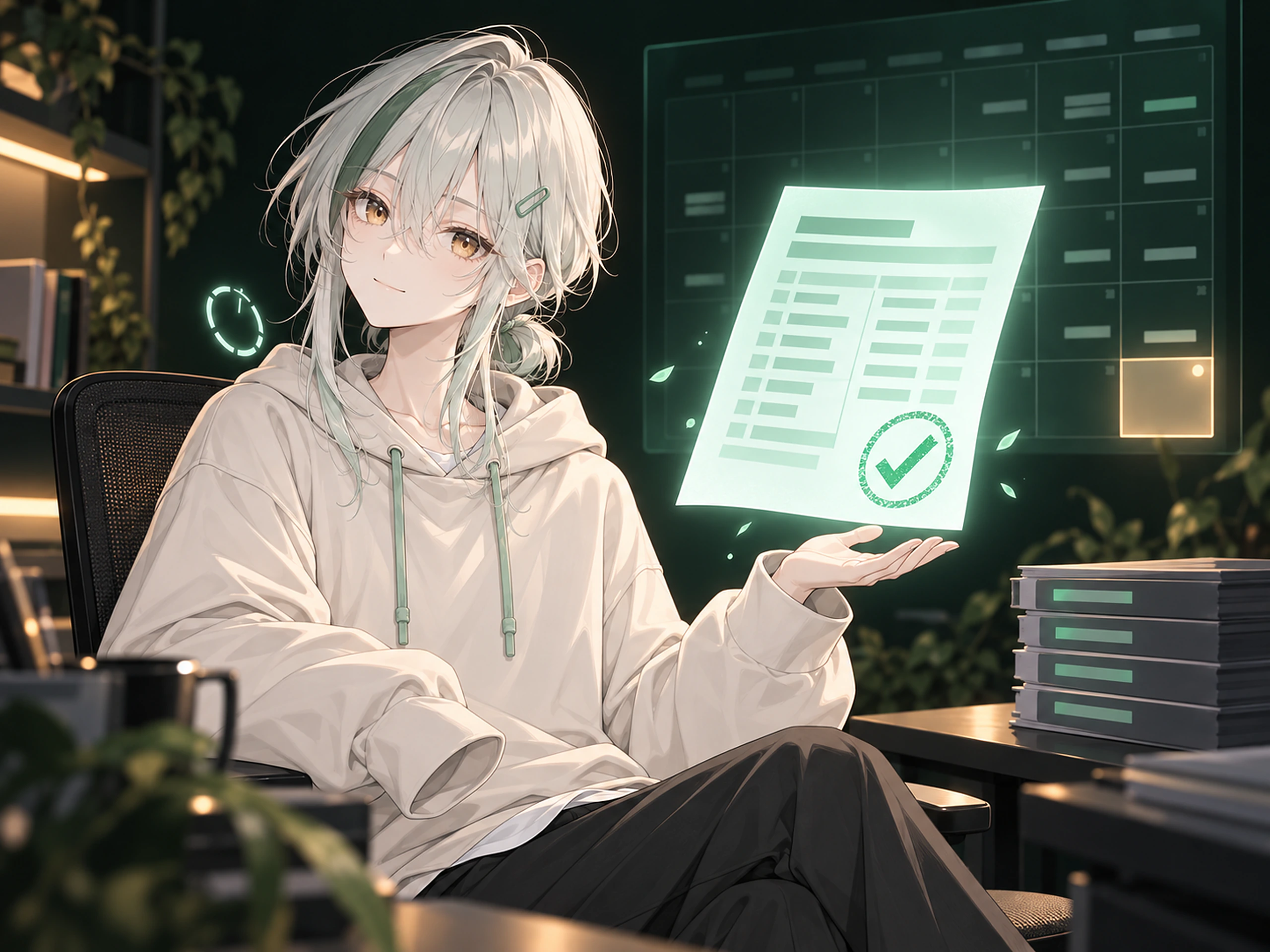 Kado が完成した稼働表を手のひらに浮かべて見せている様子